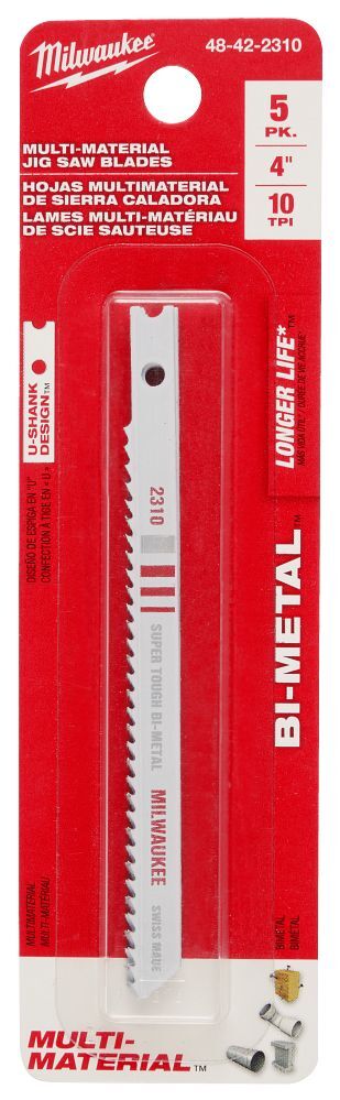Milwaukee Multi-Material U-Shank Bi-Metal Jig Saw Blade, 10 TPI, 4 1/8-In, 5-Pk