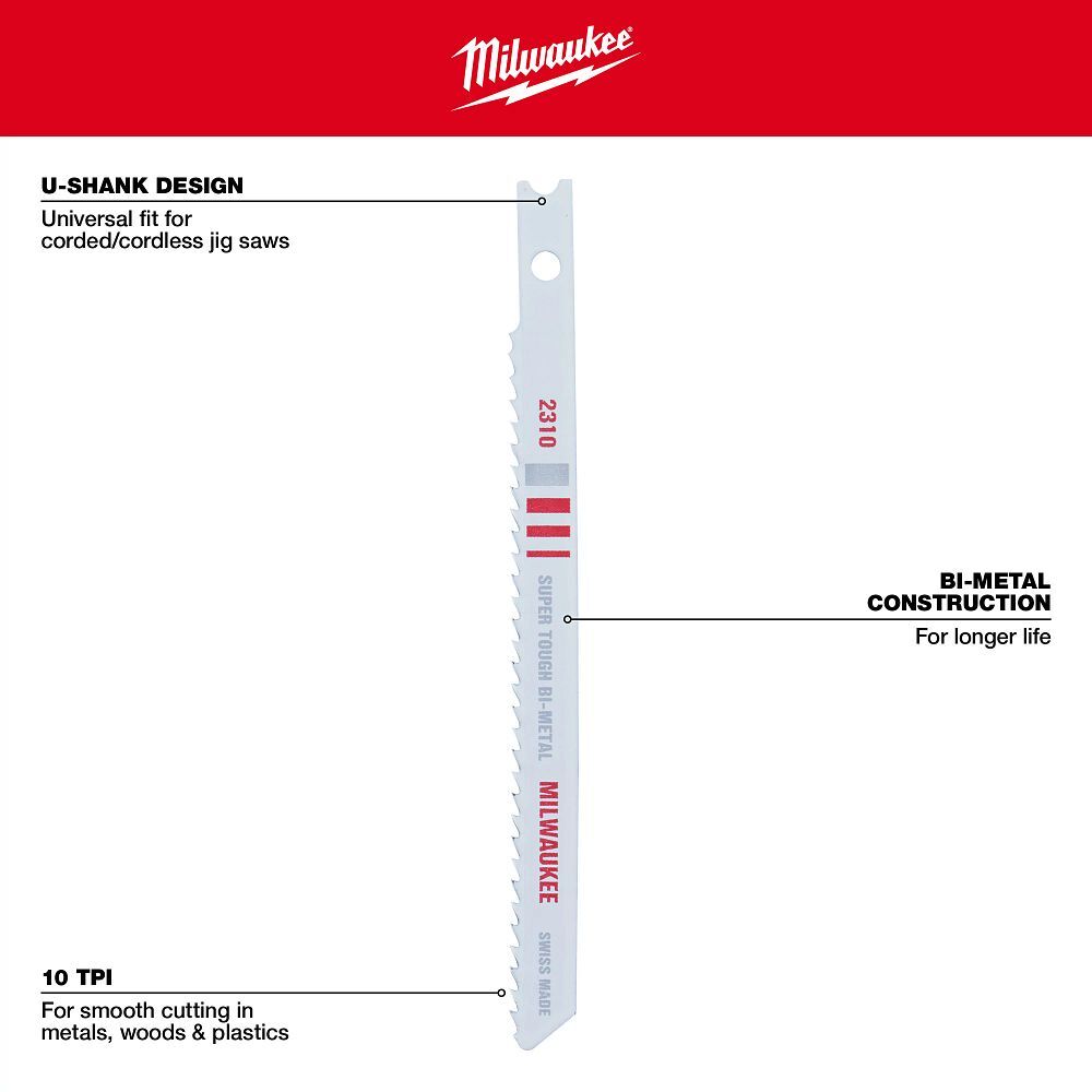 Milwaukee Multi-Material U-Shank Bi-Metal Jig Saw Blade, 10 TPI, 4 1/8-In, 5-Pk