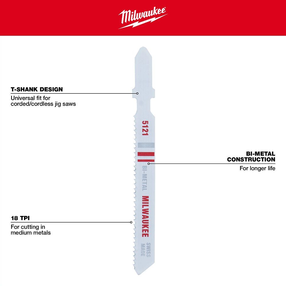 Milwaukee Metal Cutting T-Shank Bi-Metal Jig Saw Blade, 18 TPI, 3-In, 5-Pk