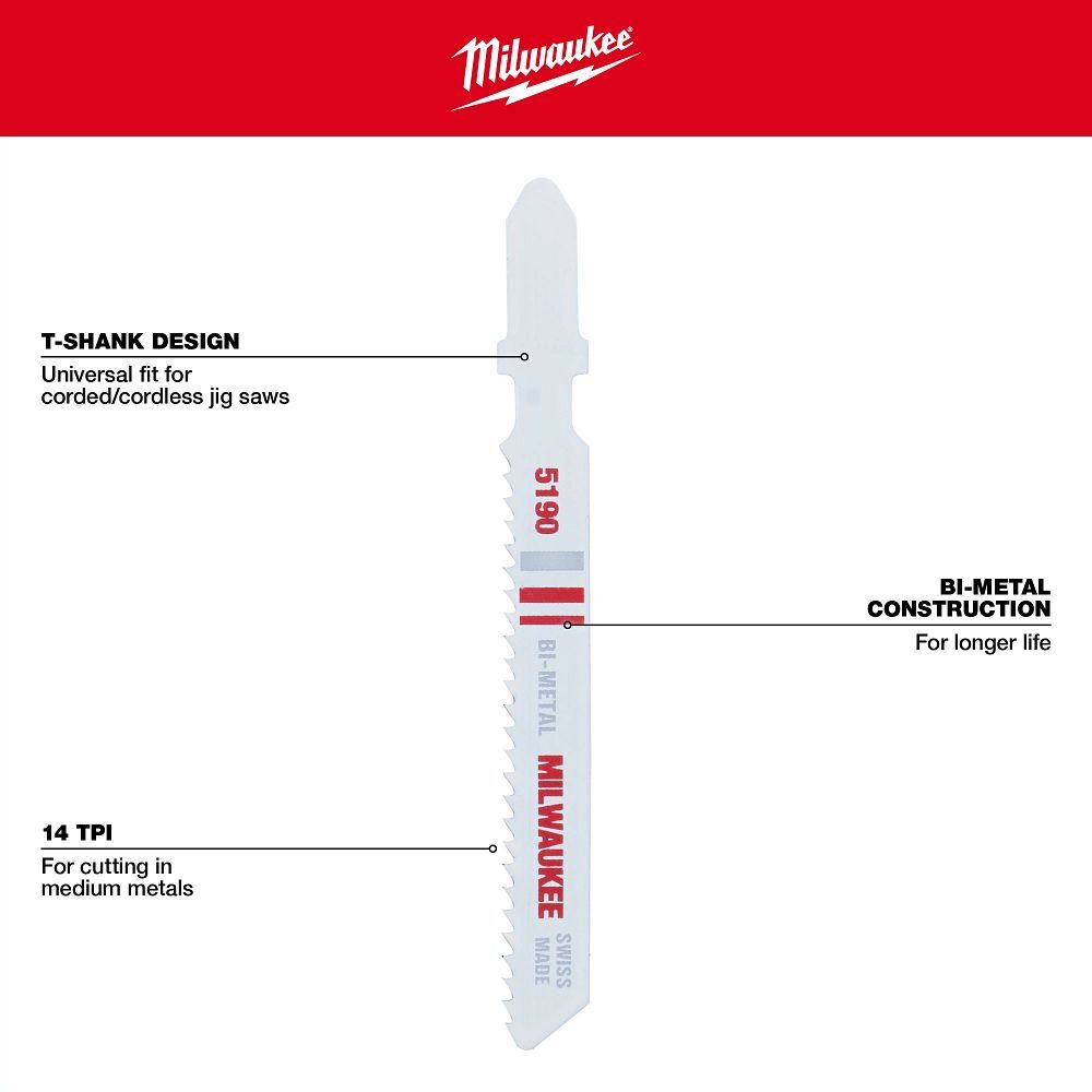 Milwaukee Metal Cutting T-Shank Bi-Metal Jig Saw Blade, 14 TPI, 3-In, 5-Pk