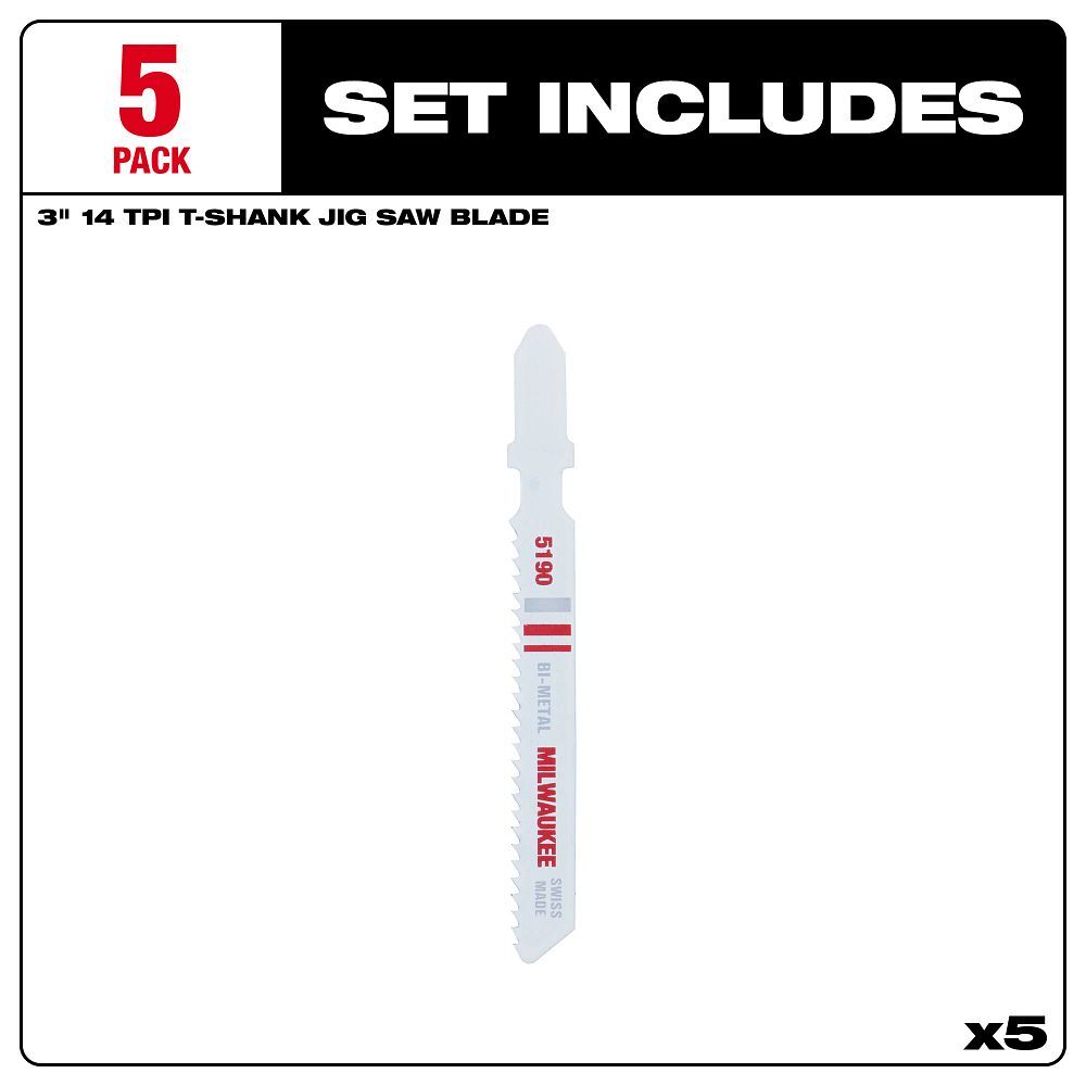 Milwaukee Metal Cutting T-Shank Bi-Metal Jig Saw Blade, 14 TPI, 3-In, 5-Pk