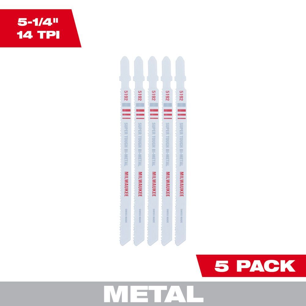 Milwaukee 5-1/4-In 14-TPI T-Shank Metal Cutting Bi-Metal Jig Saw Blades, 5-Pk