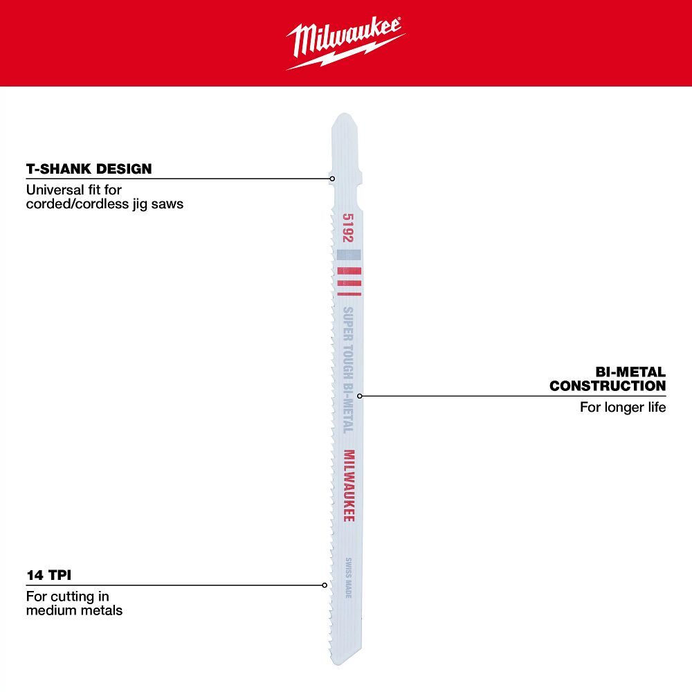 Milwaukee Metal Cutting T-Shank Bi-Metal Jig Saw Blade, 14 TPI, 5 1/4-In, 5-Pk