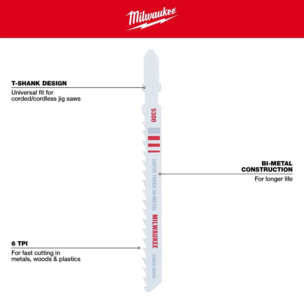 Milwaukee Multi-Material T-Shank Bi-Metal Jig Saw Blade, 6 TPI, 4-In, 5-Pk