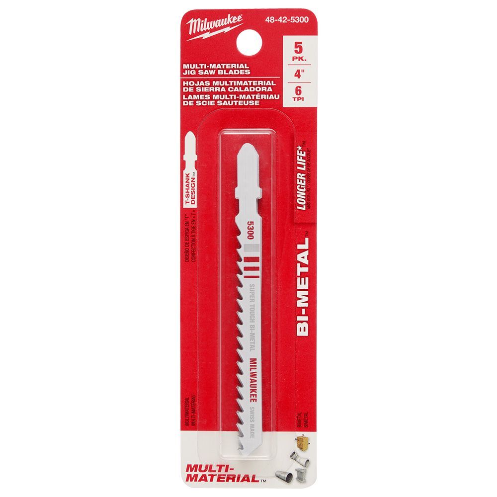 Milwaukee 4-In 6-TPI T-Shank Multi Material Bi-Metal Jig Saw Blade, 5-Pk