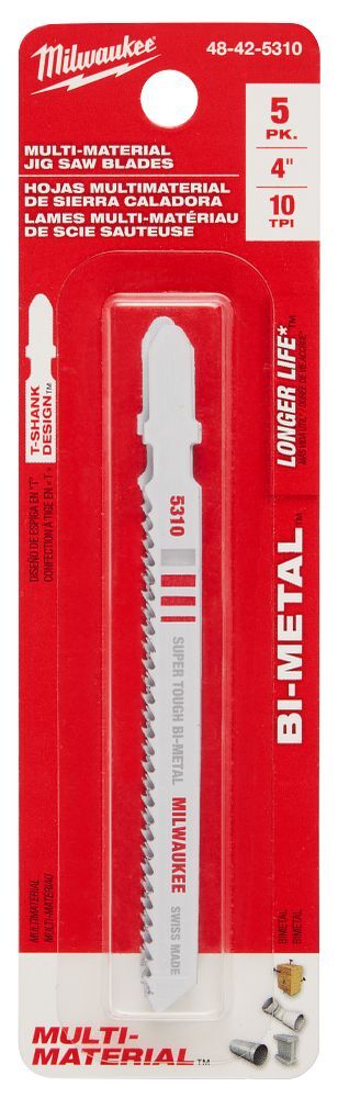 Milwaukee Multi-Material T-Shank Bi-Metal Jig Saw Blade, 10 TPI, 4-In, 5-Pk