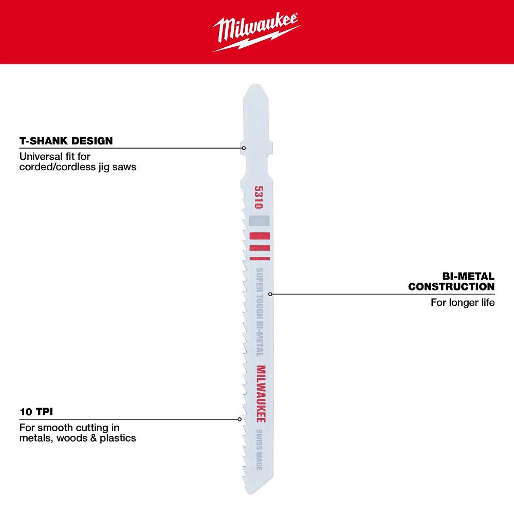 Milwaukee Multi-Material T-Shank Bi-Metal Jig Saw Blade, 10 TPI, 4-In, 5-Pk