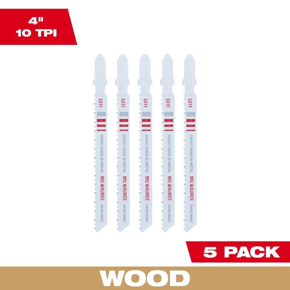 Milwaukee 4-In 10-TPI T-Shank Wood Bi-Metal Jig Saw Blade, 5-Pk