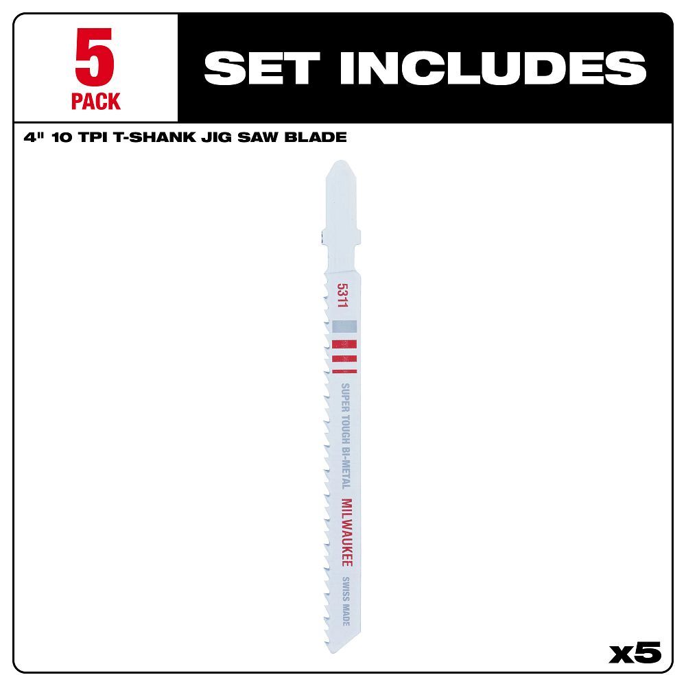 Milwaukee Wood T-Shank Bi-Metal Jig Saw Blade, 10 TPI, 4-In, 5-Pk