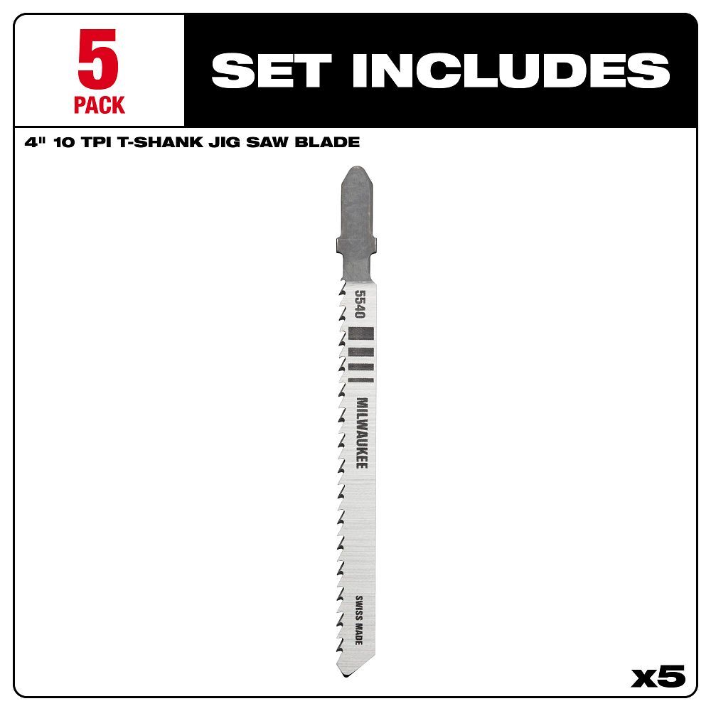 Milwaukee Wood T-Shank Jig Saw Blade, 10 TPI, 4-In, 5-Pk