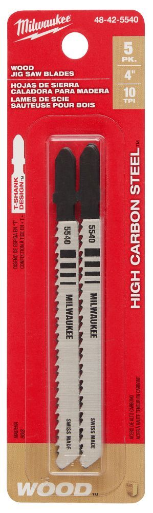 Milwaukee Wood T-Shank Jig Saw Blade, 10 TPI, 4-In, 5-Pk
