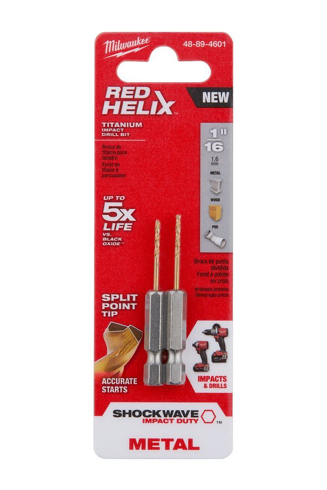 Milwaukee Shockwave Impact Duty Red Helix Titanium Drill Bit, 1/16-In, 2-Pk