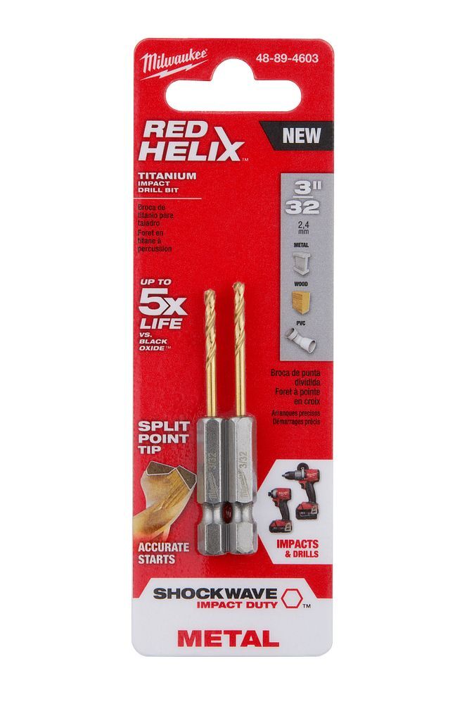 Milwaukee Shockwave Impact Duty Red Helix Titanium Drill Bit, 3/32-In, 2-Pk