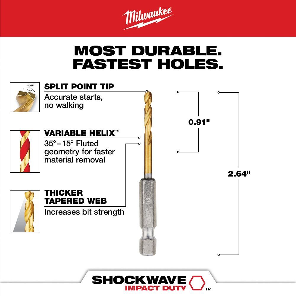 Milwaukee Shockwave Impact Duty Red Helix Titanium Drill Bit, 1/8-In, 2-Pk