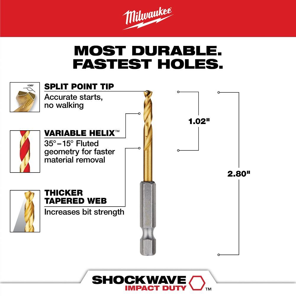 Milwaukee Shockwave Impact Duty Red Helix Titanium Drill Bit, 5/32-In