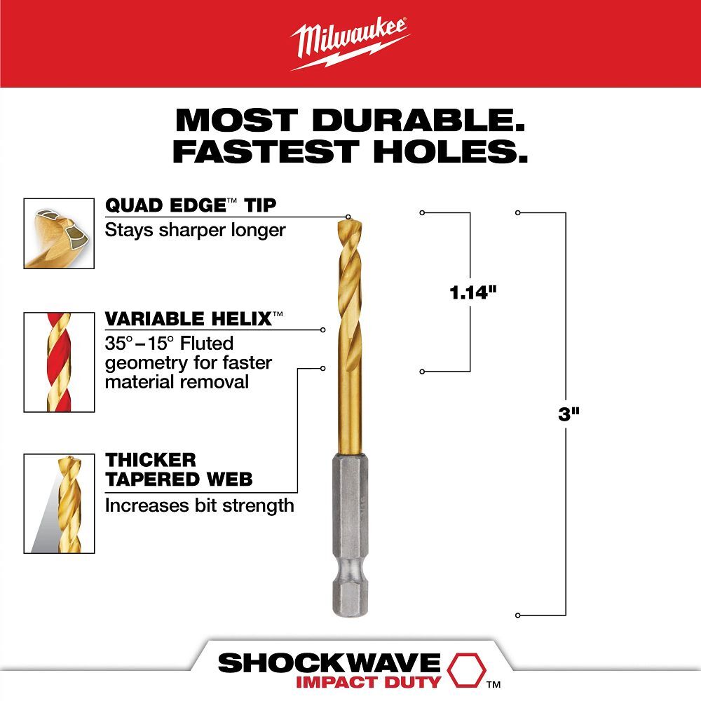 Milwaukee Shockwave Impact Duty Red Helix Titanium Drill Bit, 3/16-In
