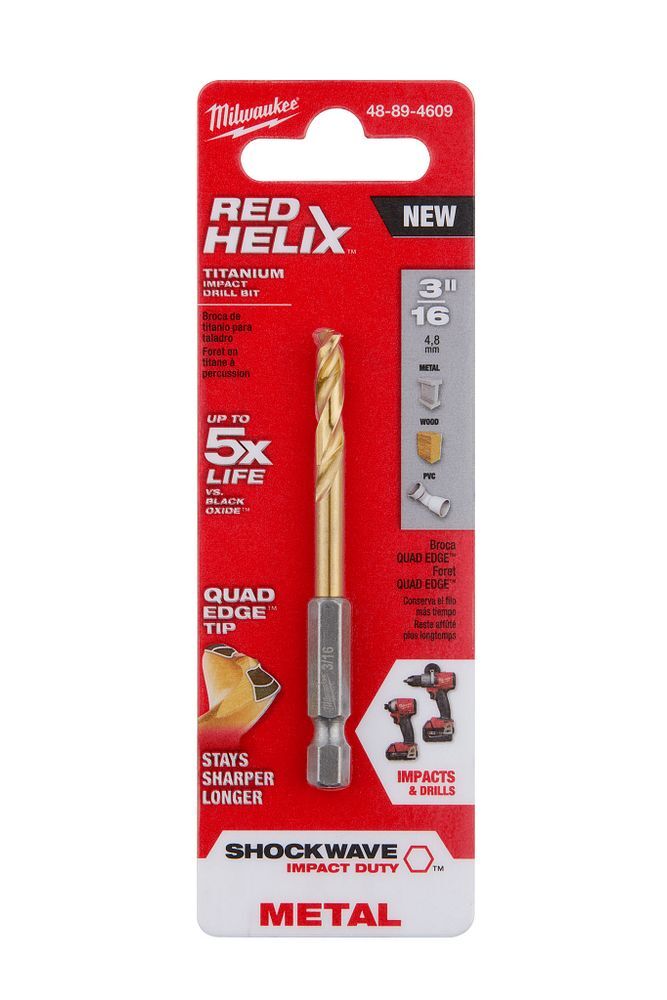 Milwaukee Shockwave Impact Duty Red Helix Titanium Drill Bit, 3/16-In