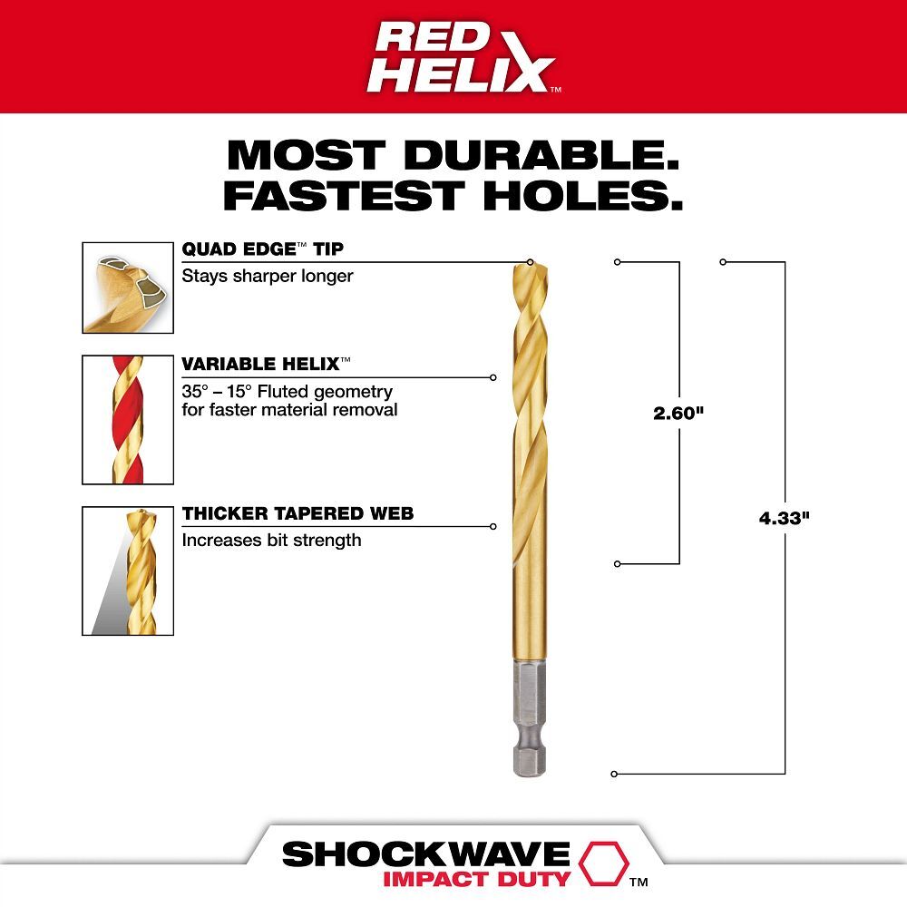 Milwaukee Shockwave Impact Duty Red Helix Titanium Drill Bit, 19/64-In