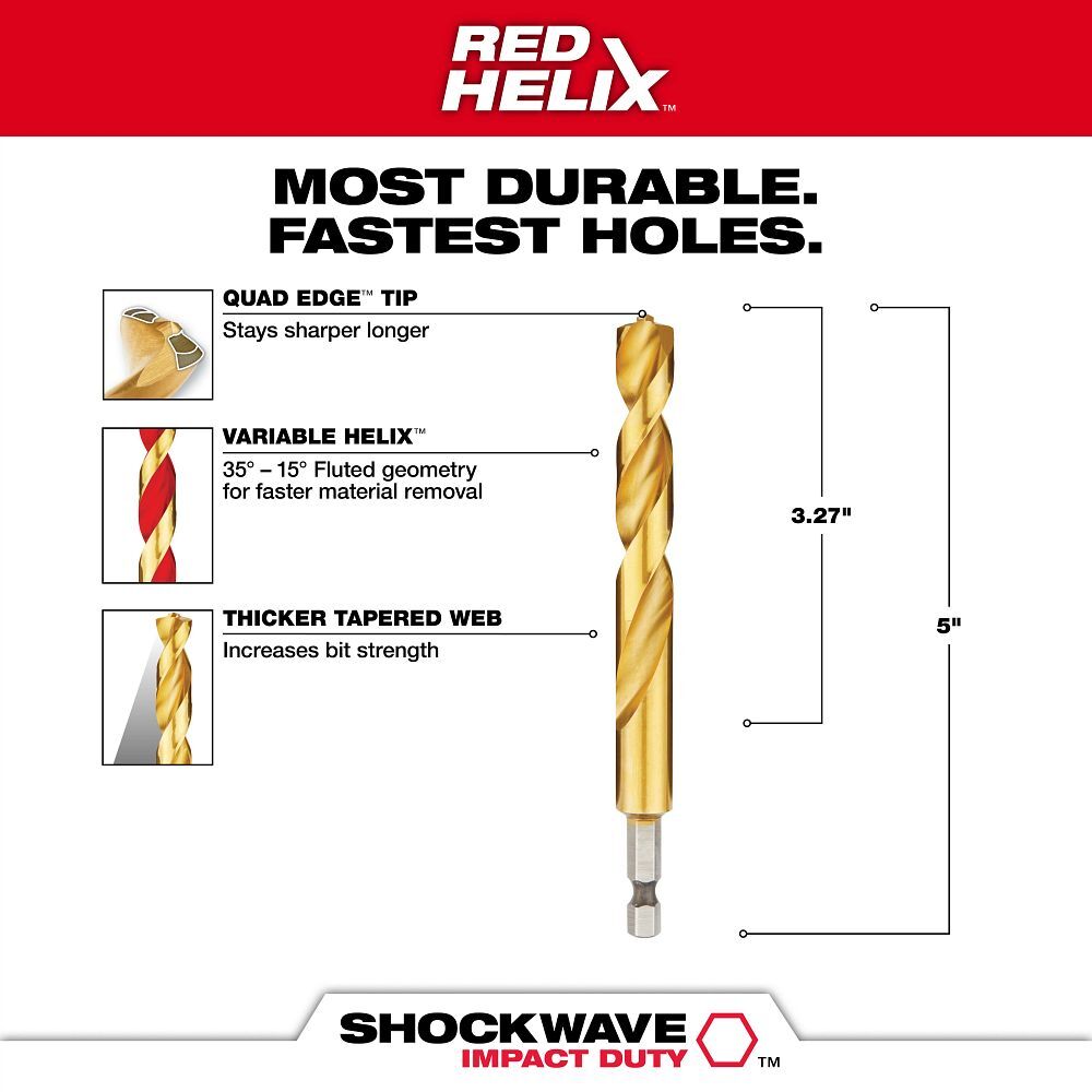 Milwaukee Shockwave Impact Duty Red Helix Titanium Drill Bit, 15/32-In