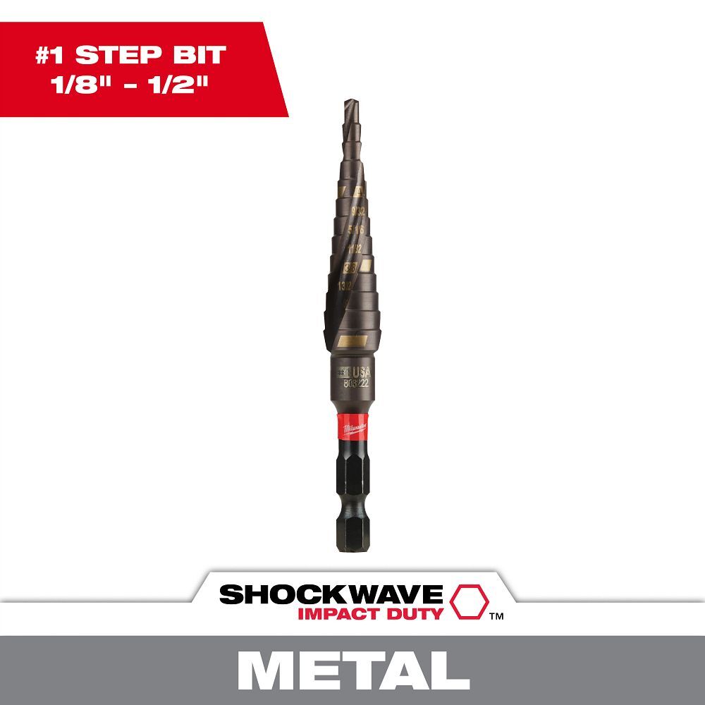 Milwaukee Shockwave Impact Duty Step Drill Bit, #1, 1/8-In - 1/2-In
