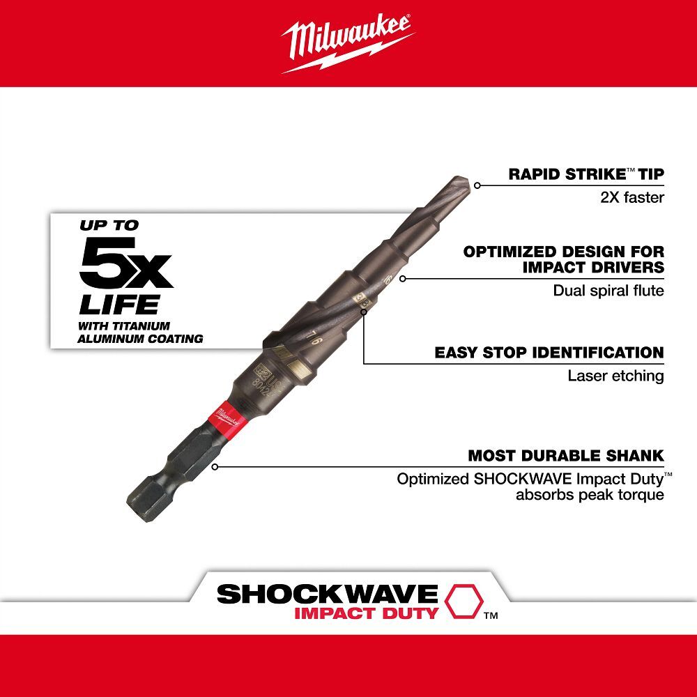 Milwaukee Shockwave Impact Duty Step Drill Bit, #2, 3/16-In - 1/2-In