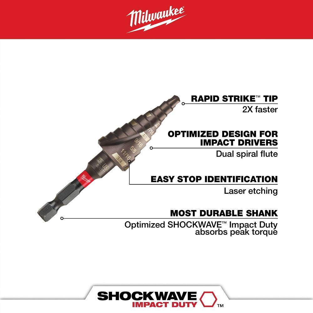 Milwaukee Shockwave Impact Duty Step Drill Bit, #3, 3/16-In - 3/4-In