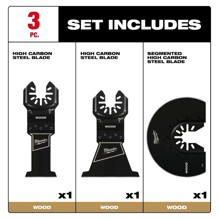 Milwaukee Open-Lok Oscillating HCS Wood Universal Fit Blade Set, 3-Pc