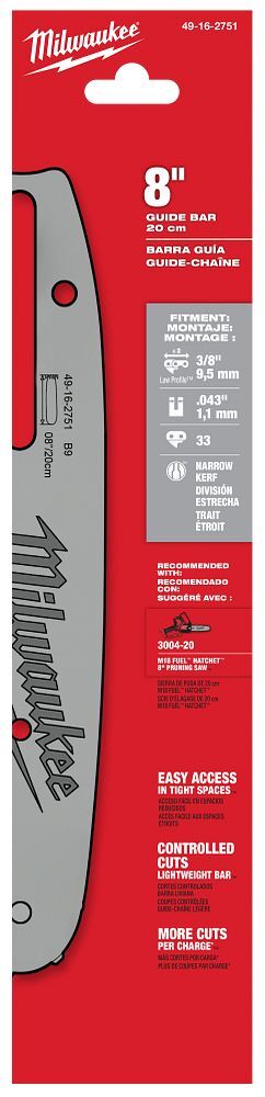 Milwaukee Chainsaw Bar, 3/8 in. Low Profile Pitch, .043 in. Gauge, 33-DL, 8 in.