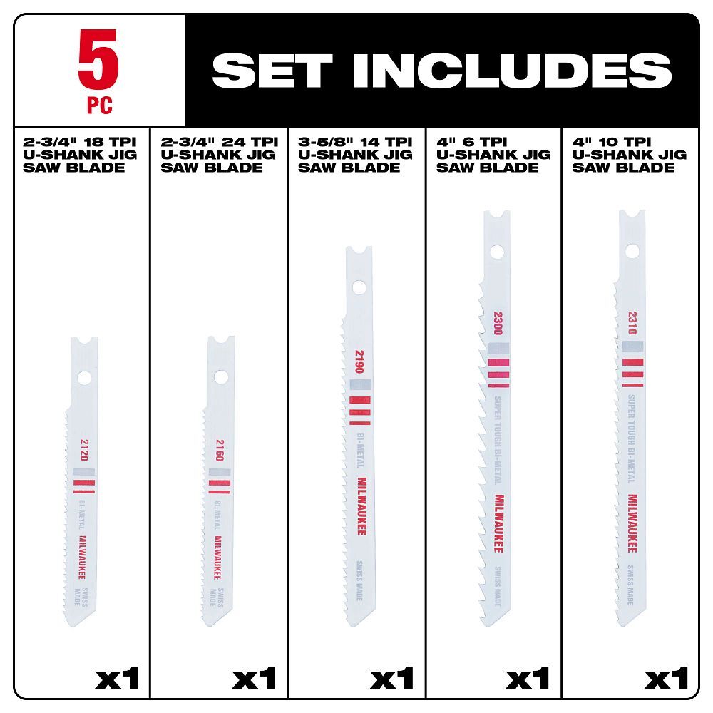 Milwaukee U-Shank Wood And Metal Jig Saw Blade Set, 5-Pc
