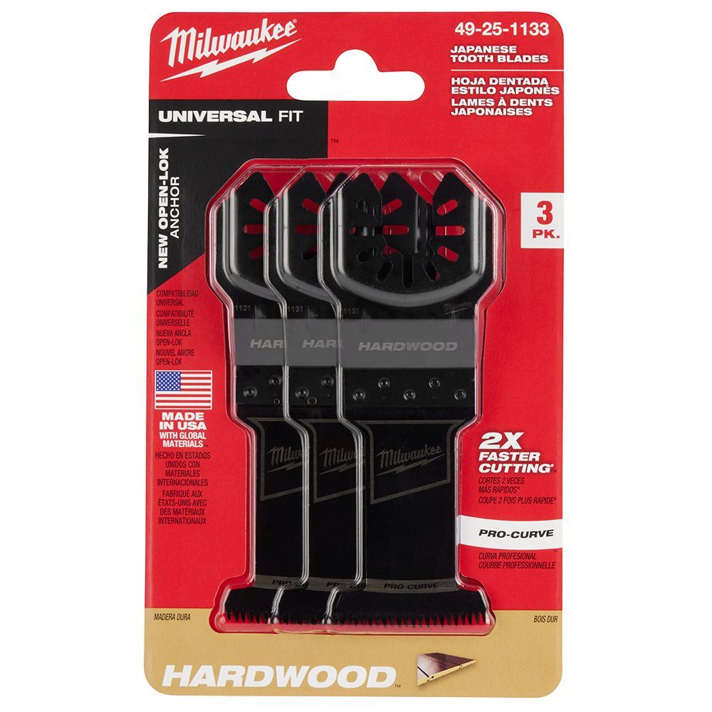 Milwaukee OPEN-LOK 1-3/8-In HCS Japanese Tooth PRO-CURVE Hardwood Multi-Tool Blades, 3-Pk