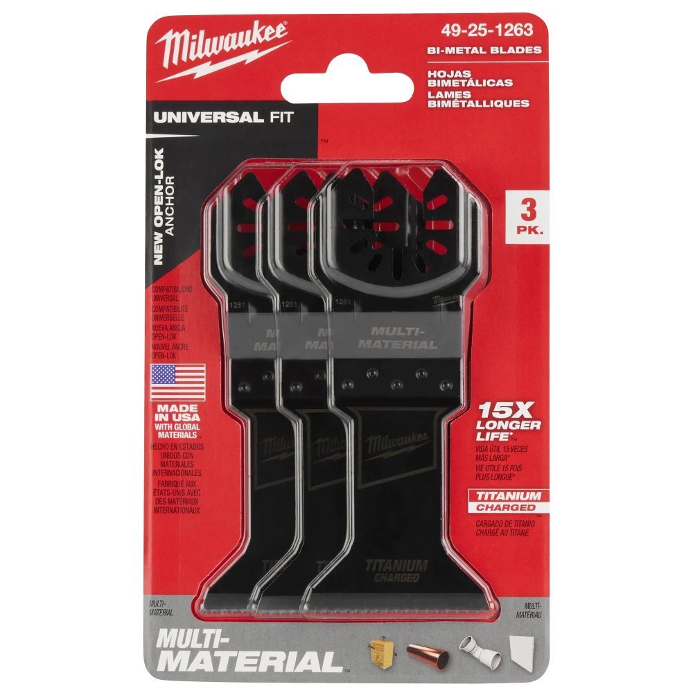 Milwaukee Universal Fit Open-Lok Titanium Charger Bi-Metal Multi-Material Blade, 1-3/4-In, 3-Pk