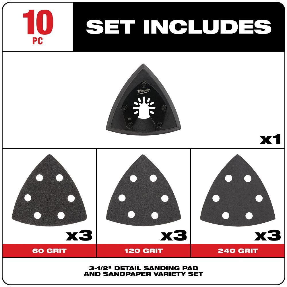 Milwaukee Open-Lok Triangle Sanding Pad & Sandpaper Set, 3 1/2-In, 10-Pc