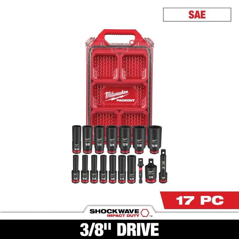 Milwaukee Shockwave Impact Duty Packout SAE Socket Set, 3/8-In Drive, 17-Pc