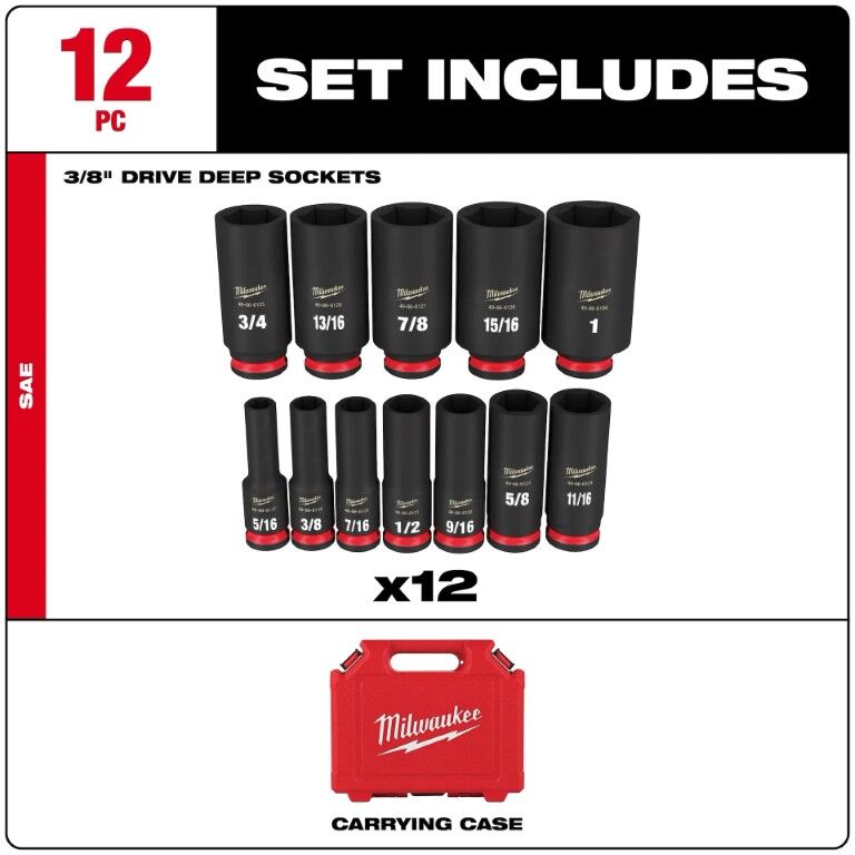 Milwaukee Shockwave Impact Duty SAE 6-Point Deep Socket Set, 3/8-In Drive, 12-Pc