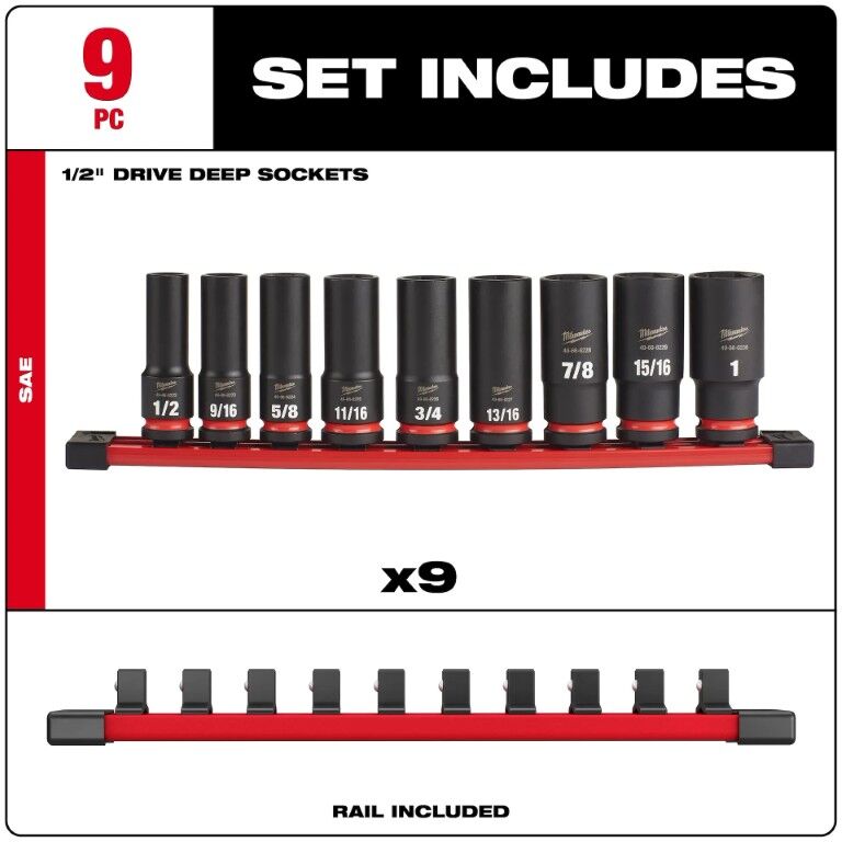Milwaukee Shockwave Impact Duty SAE 6-Point Deep Socket Set, 1/2-In Drive, 9-Pc