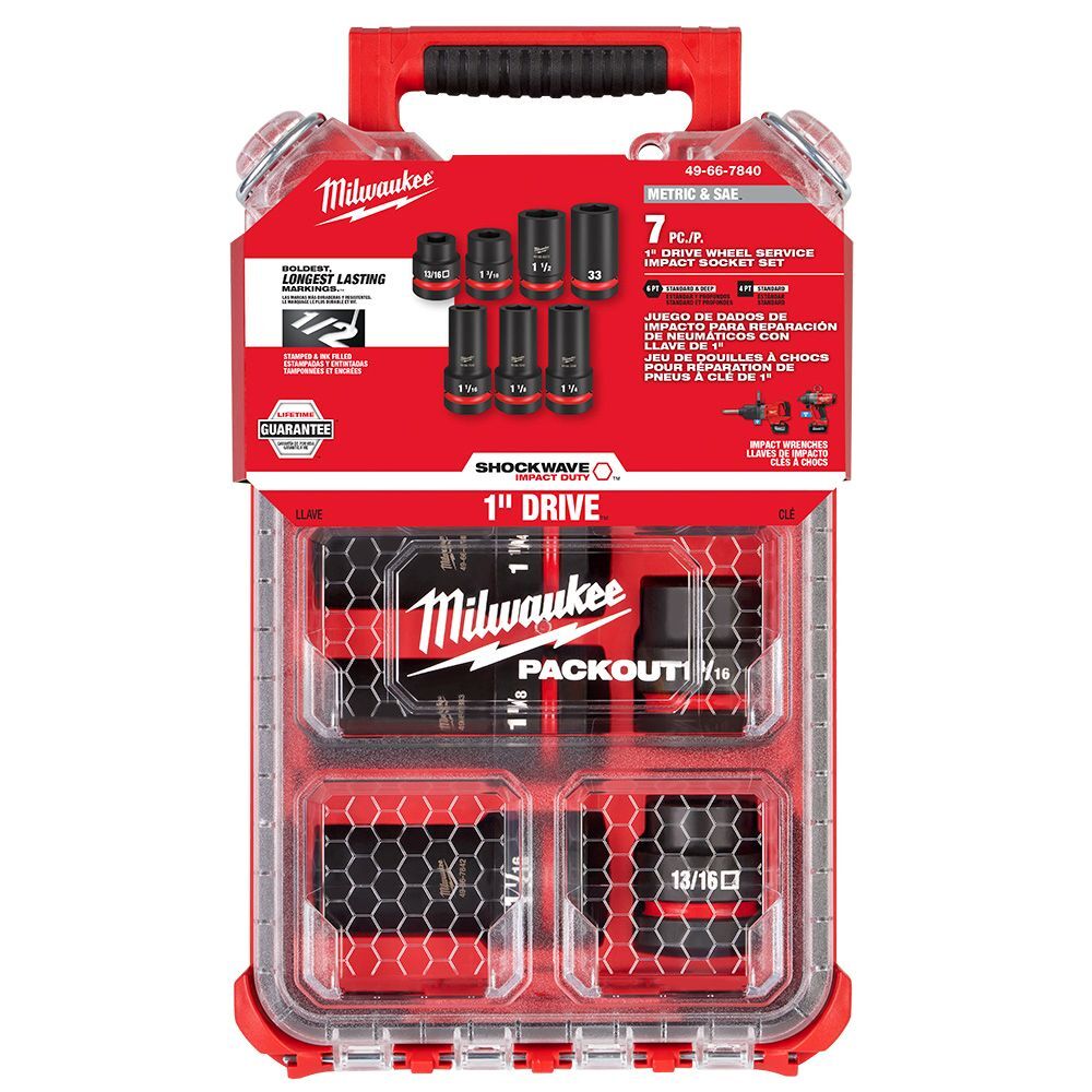Milwaukee SHOCKWAVE Impact Duty 1-In Drive mm & SAE Wheel Service Socket PACKOUT Set, 7-Pc