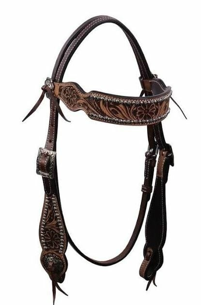 Buffalo Leather Vintage Flower Dots Browband Headstall - Black