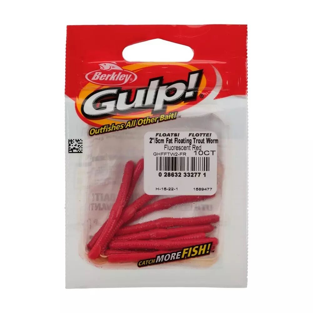 Berkley Gulp! Fluorescent Red Fat Floating Trout Worm, 2-In, 10-Ct