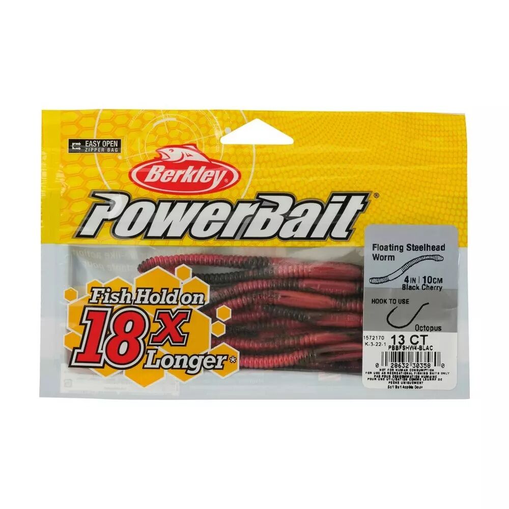 Berkley PowerBait Floating Steelhead Worm Black Cherry, 4-In, 13-Pk