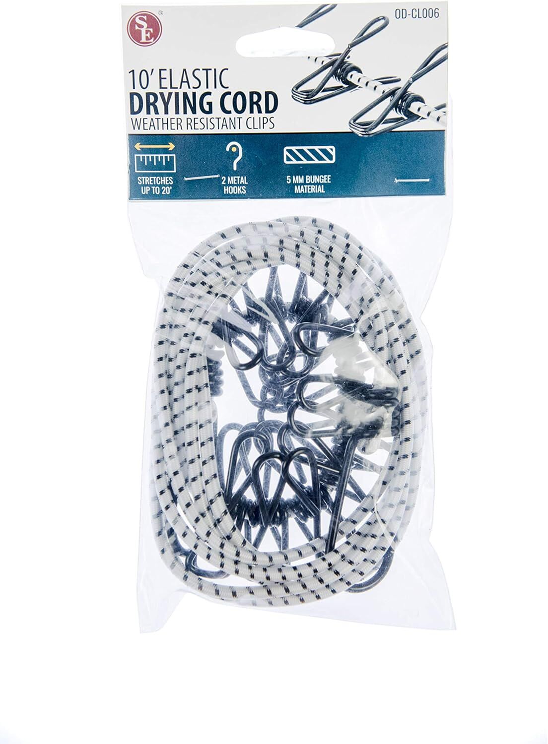 Sona Enterprises Elastic Drying Cord With Weather Resistant Clips, 3/16-In x 10-Ft To 20-Ft