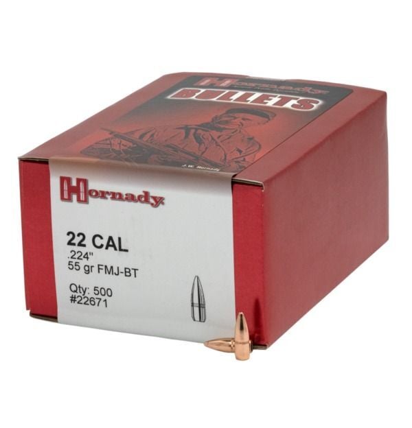 Hornady 22 Cal .224, 55 Grain FMJ-BT with Cannelure Bullets, 100-Rd