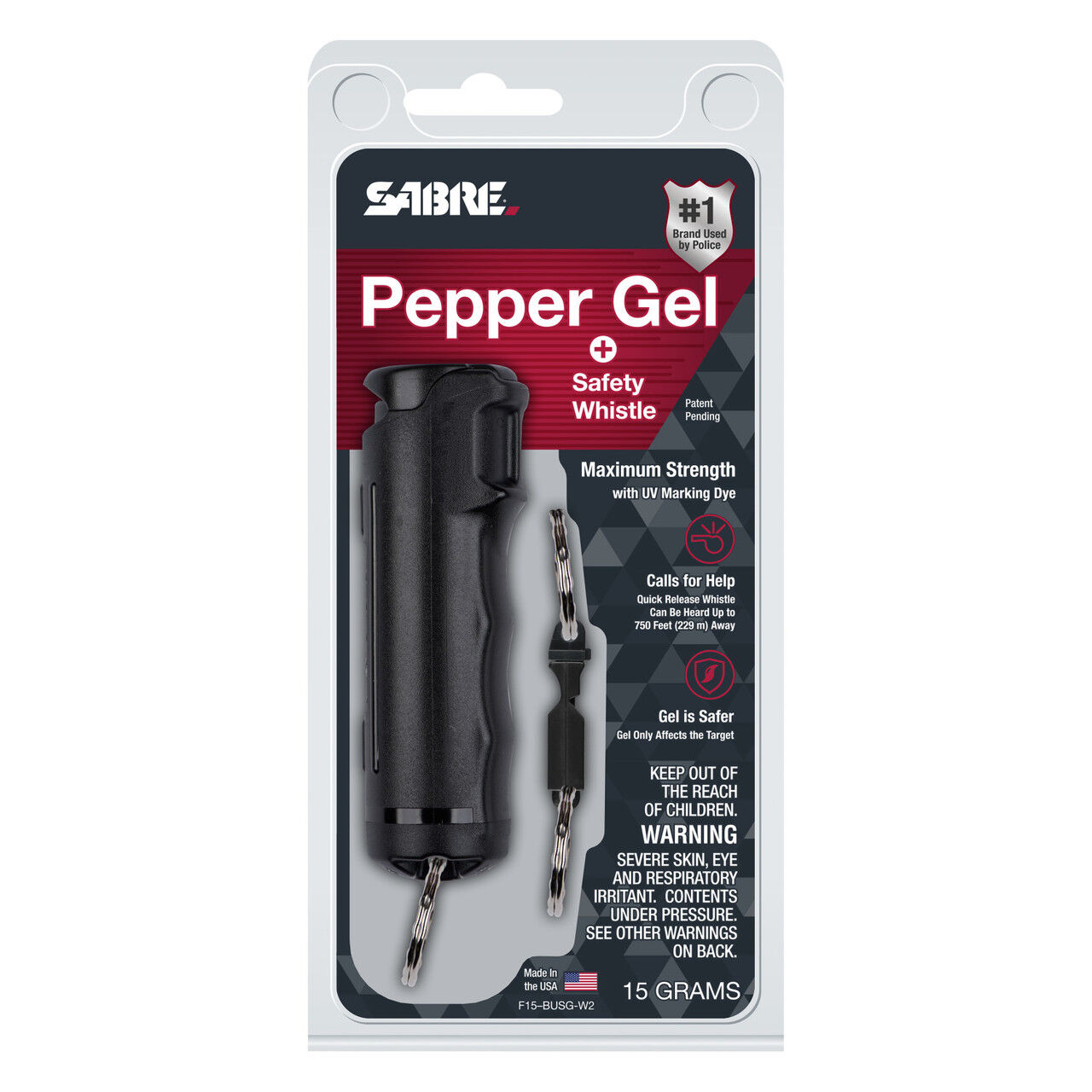 Sabre 2 In 1 Pepper Gel With Detachable Safety Whistle Keychain Black