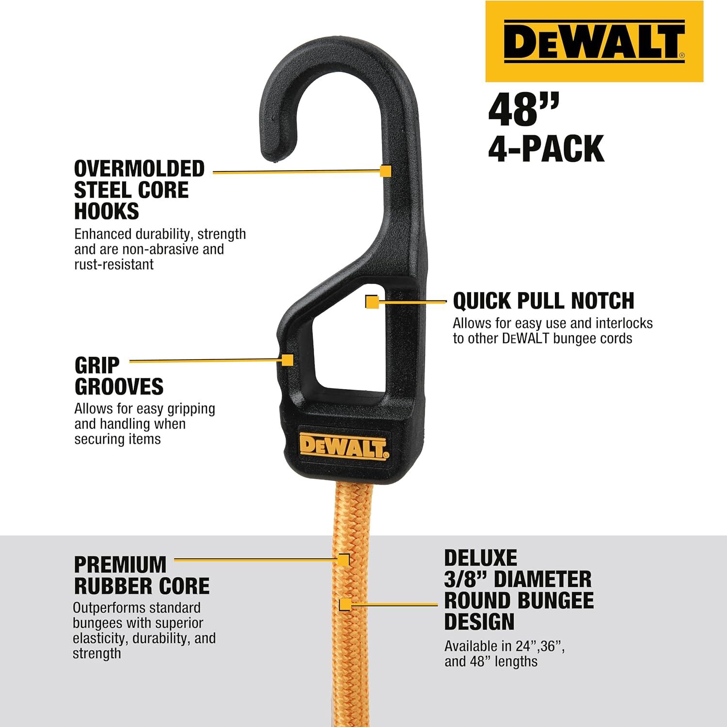 DeWalt Heavy Duty Bungee Cords, 48-In, 4-Pk