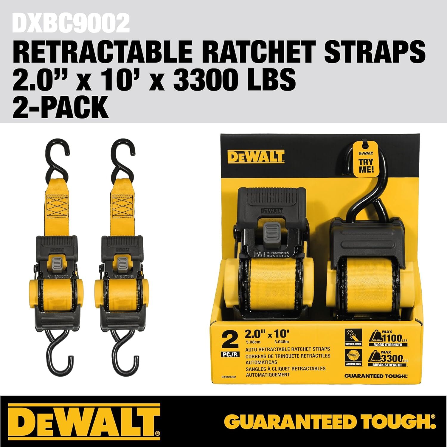 DeWalt Auto Retractable Ratchet Straps, 2-In x 10-Ft, 2-Pk