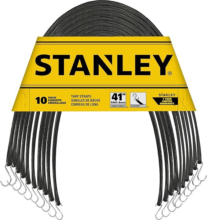 Stanley Black All-Weather Rubber Bungee Cords with S-Hooks, 41-In, 10-Pk