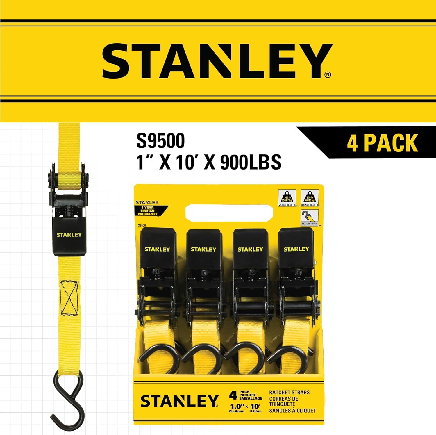 Stanley 1-In X 10-Ft Ratchet Straps, 4-Pk