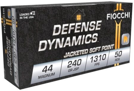Fiocchi Defense Dynamics 44 Magnum, 240 Grain JSP Pistol Ammo, 50-Rd