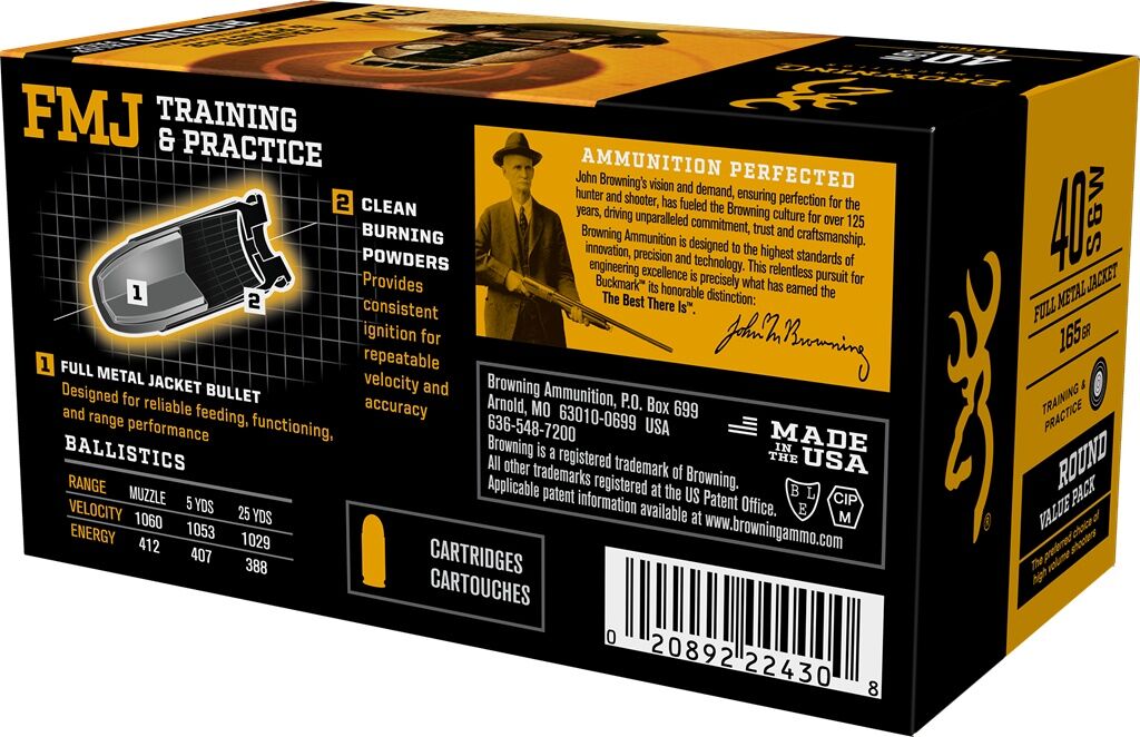 Browning Training & Practice .40 S&W, 165 Grain FMJ Pistol Ammo, 50-Rd