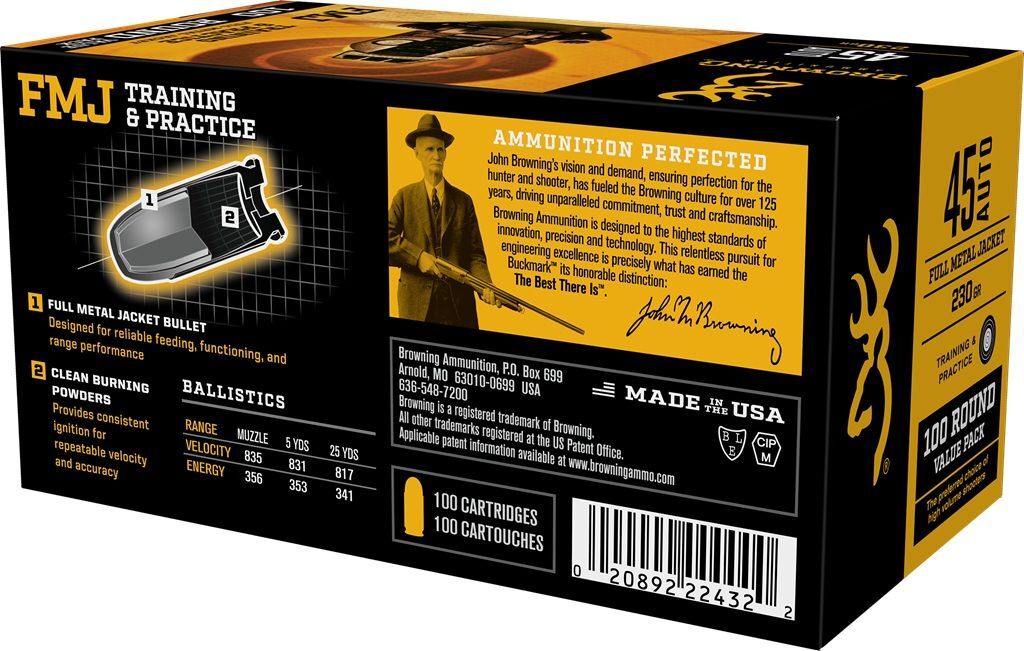 Browning Training & Practice .45 Auto, 230 Grain Full Metal Jacket Pistol Ammo, 100-Rd