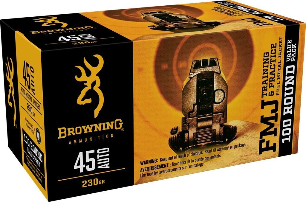 Browning Training & Practice .45 Auto, 230 Grain Full Metal Jacket Pistol Ammo, 100-Rd